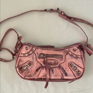 Metallic Pink Croc-Embossed Shoulder Bag - Women
